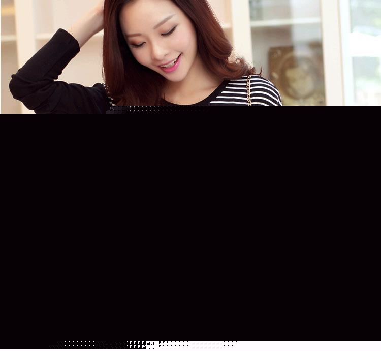 韩版长袖T恤圆领宽松蝙蝠衫秋装新款条纹拼接上衣女装677