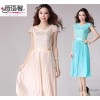 夏季新款品牌女装韩国蕾丝百褶短袖雪纺连衣裙波西米亚长裙子