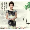 2015夏装新款印花妈妈装短袖修身仿真丝连衣裙气质复古旗袍