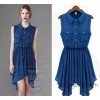 The new summer and high quality shirt style dress sleeveless lapel pocket irregular hem waist skirt